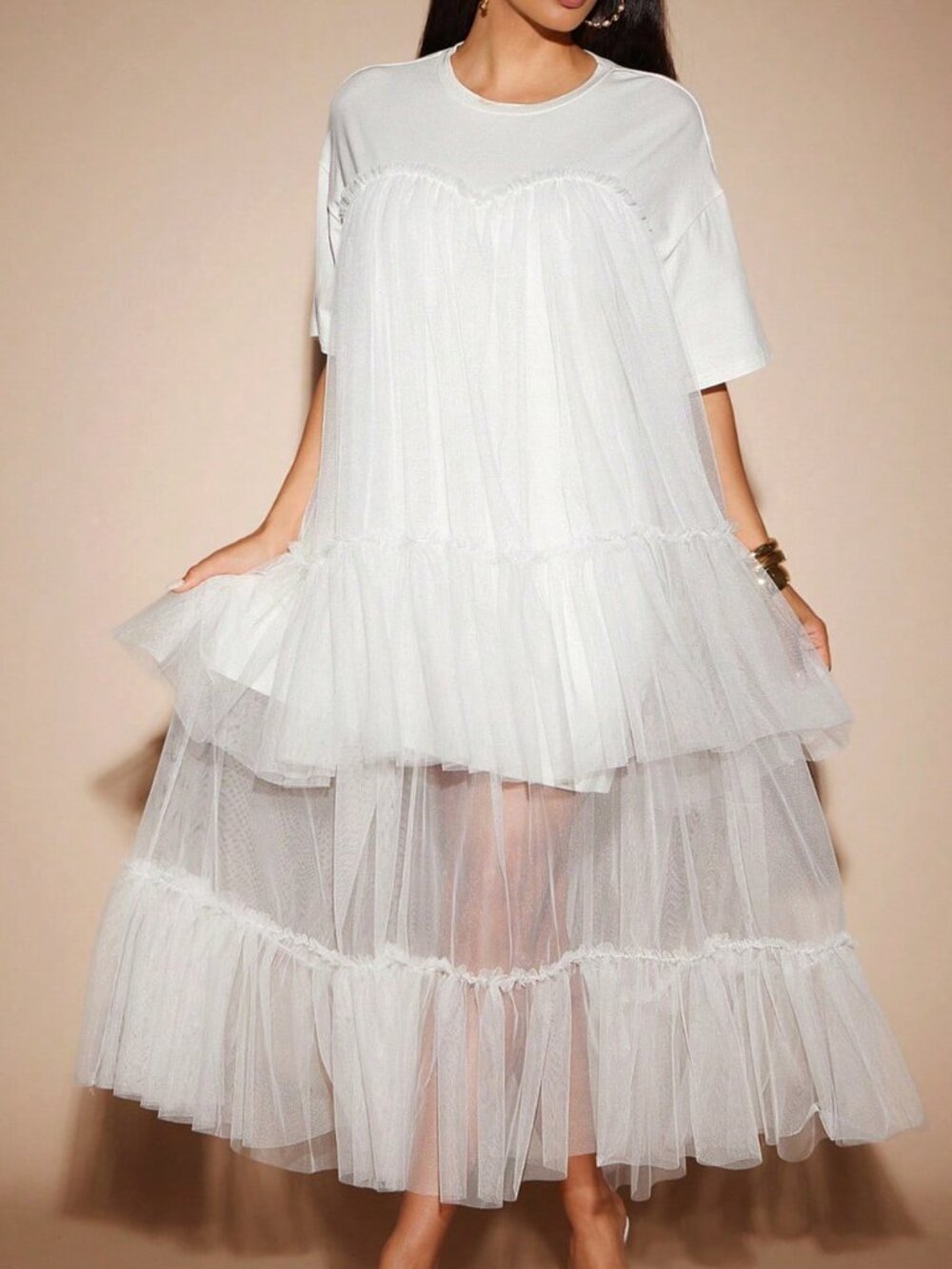 White Boho Festival Women's Tulle Tiered Maxi T-Shirt Dress - Picture 5 of 5